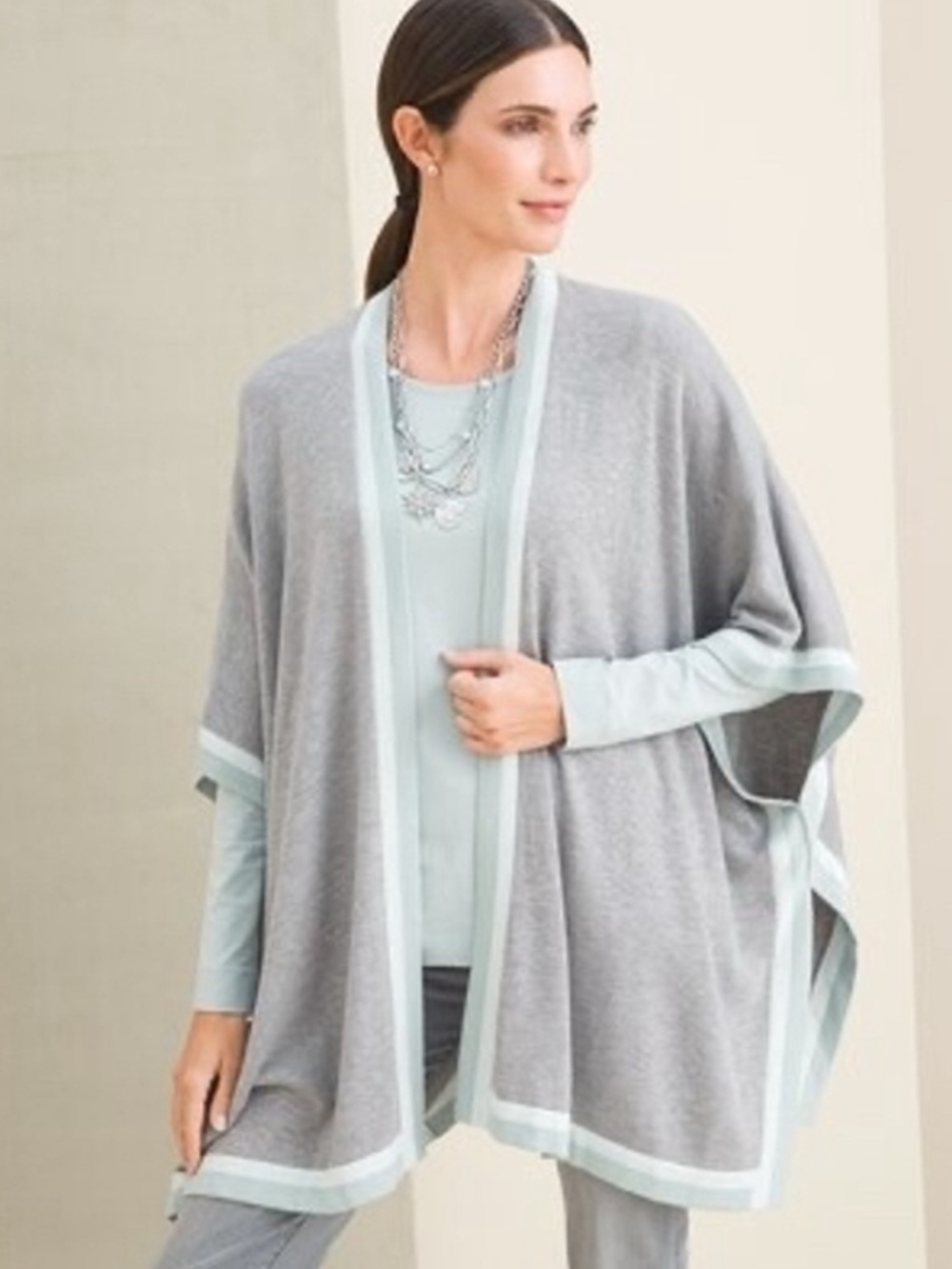 Chico's Tipping Trim Covering Ruana Graphite Gray L/XL. Cashmere. 570317396